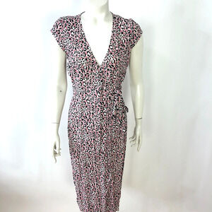J.Crew XSP XS Petite Faux Wrap V-Neck Cap Sleeve Midi Animal Printed Dress Black